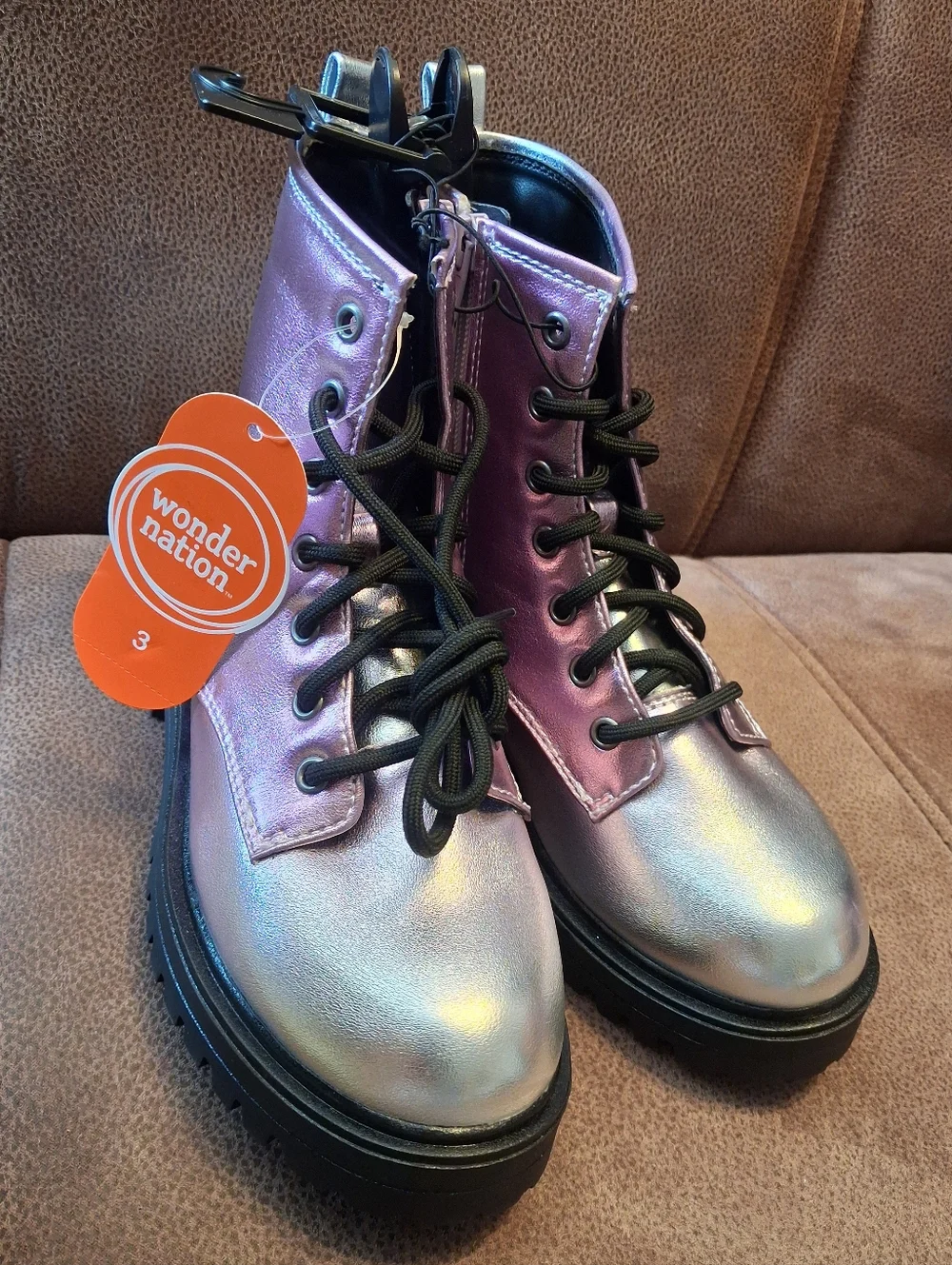 wonder nation Iridescent Purple Lace-Up Combat Boots for Kids Size 3
